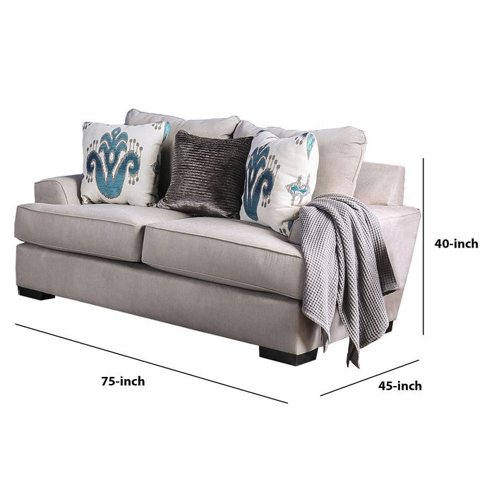 Wooden Loveseat with Fabric Upholstery and Track Armrest, Gray