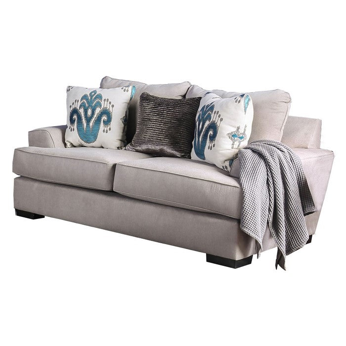 Wooden Loveseat with Fabric Upholstery and Track Armrest, Gray