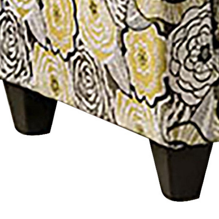 Floral Pattern Wooden Chair with Fabric Upholstery, Yellow and Black