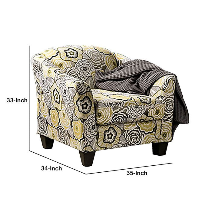 Floral Pattern Wooden Chair with Fabric Upholstery, Yellow and Black