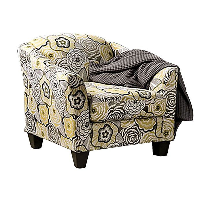 Floral Pattern Wooden Chair with Fabric Upholstery, Yellow and Black