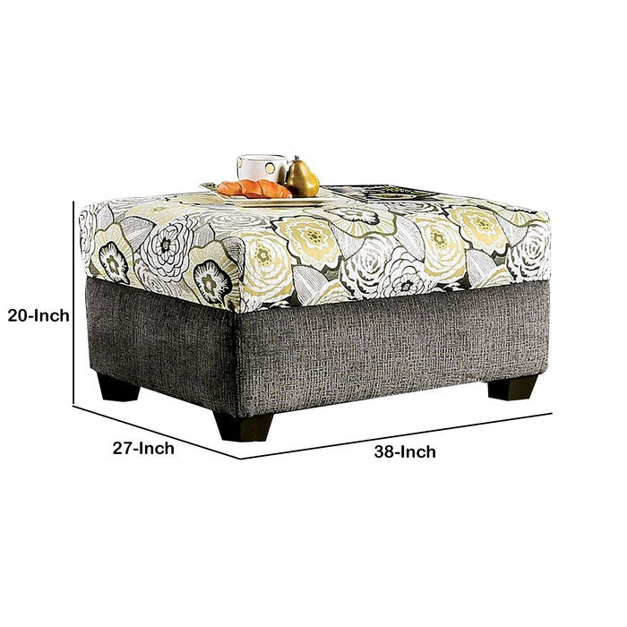 Floral Pattern Wooden Ottoman with Fabric Upholstery, Multicolor