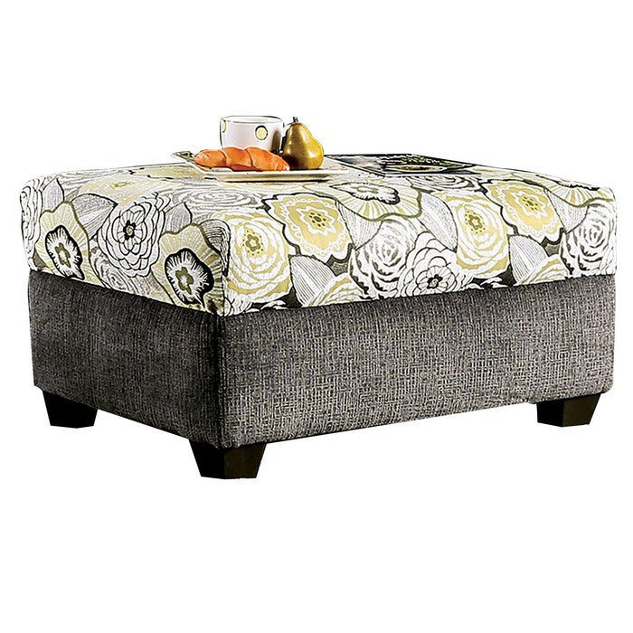 Floral Pattern Wooden Ottoman with Fabric Upholstery, Multicolor