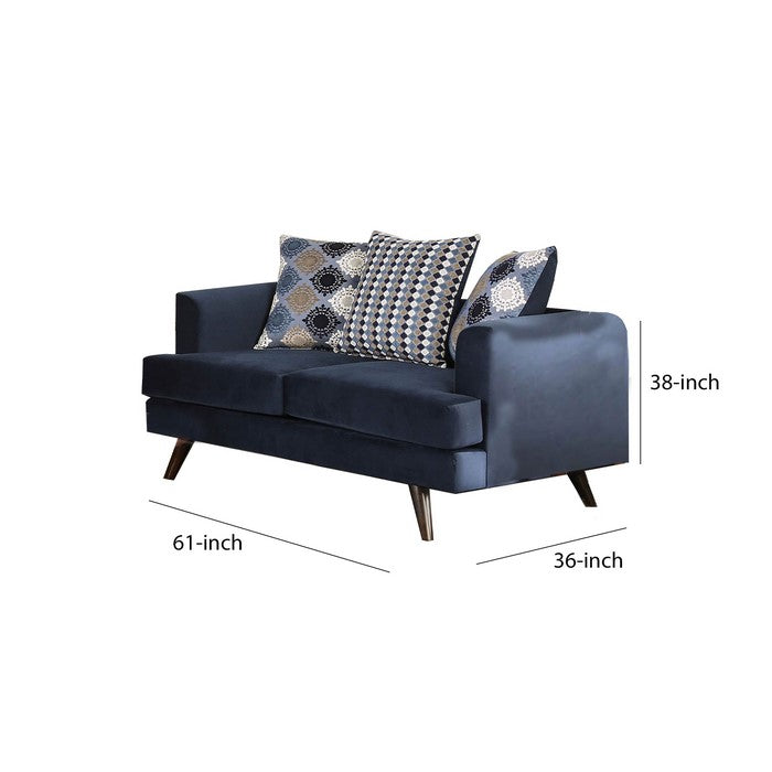 Fabric Upholstered Wooden Loveseat with Low Profile Back, Blue