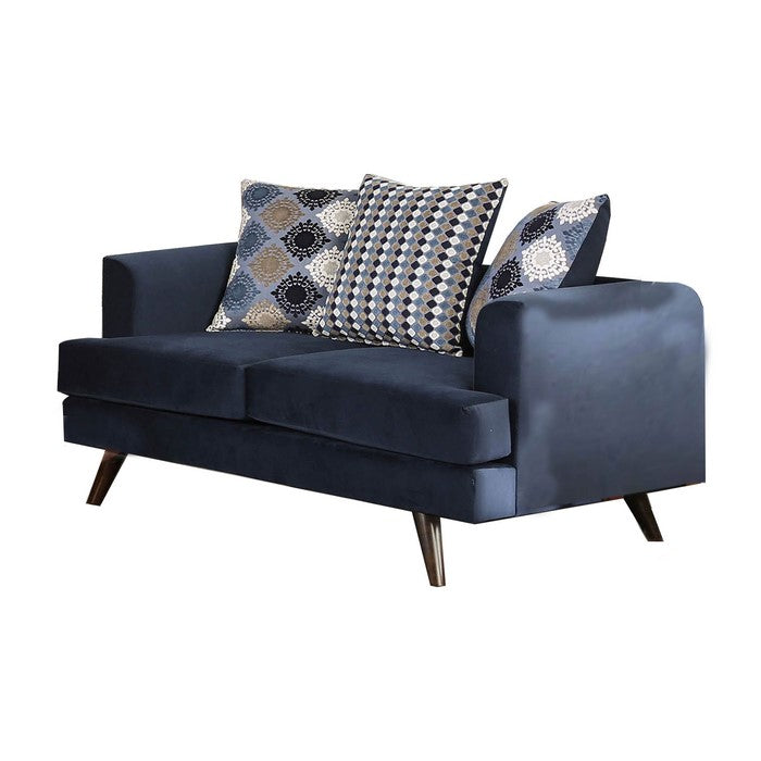 Fabric Upholstered Wooden Loveseat with Low Profile Back, Blue