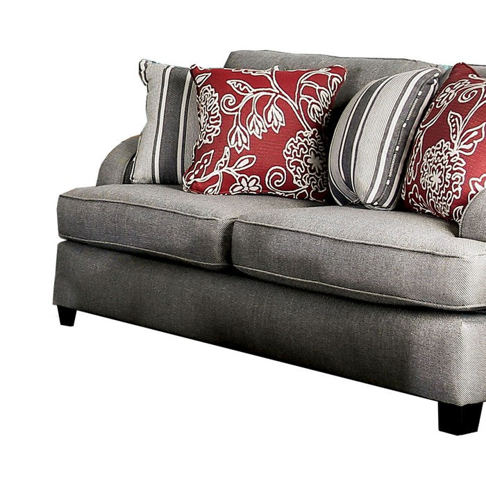 Wooden Loveseat with Fabric Upholstery and T Shape Seat, Gray