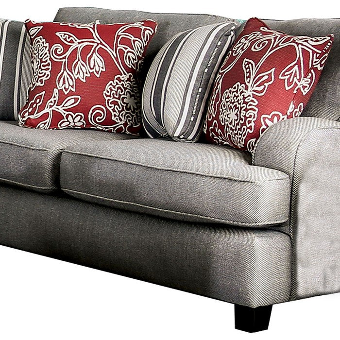 Wooden Loveseat with Fabric Upholstery and T Shape Seat, Gray