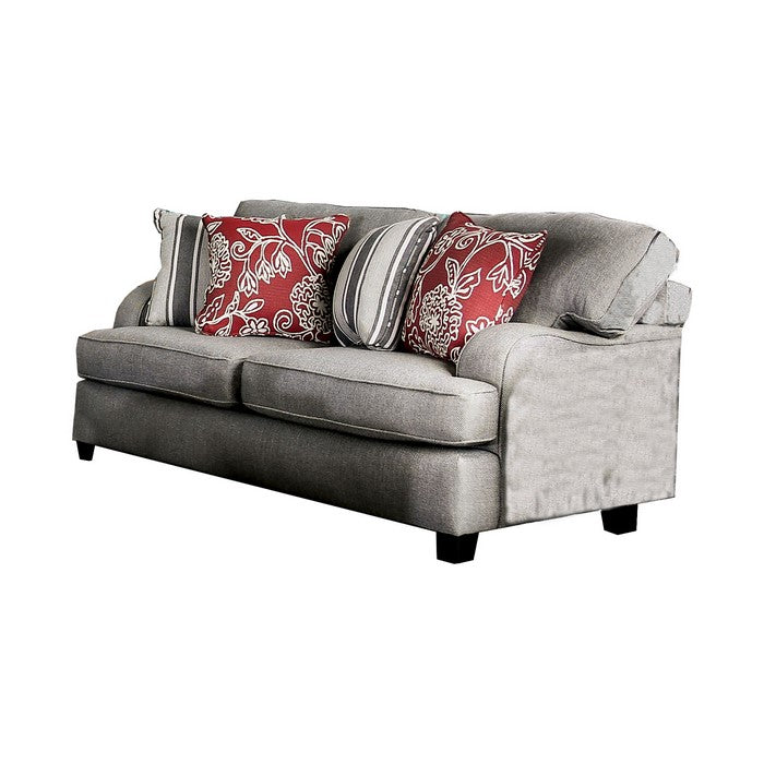 Wooden Loveseat with Fabric Upholstery and T Shape Seat, Gray