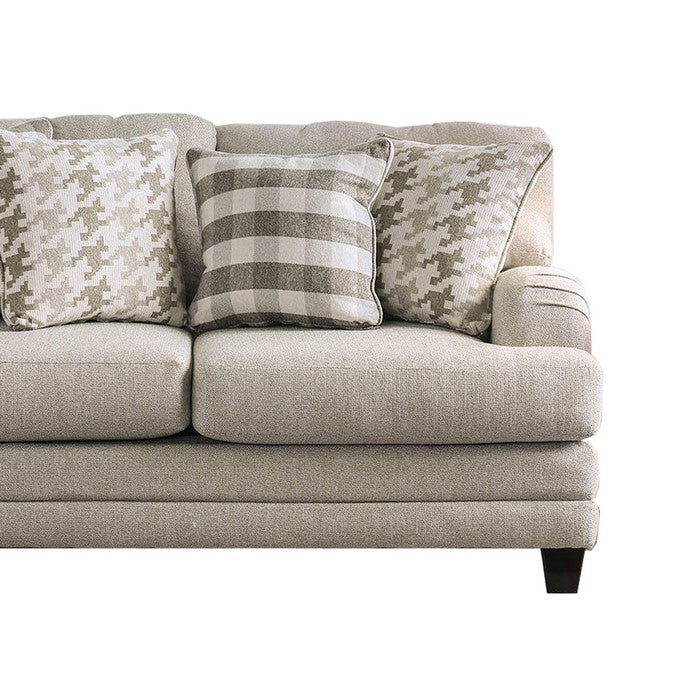 Wooden Loveseat with Fabric Upholstery and S Sloped Armrest, Gray