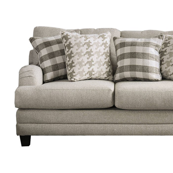 Wooden Loveseat with Fabric Upholstery and S Sloped Armrest, Gray