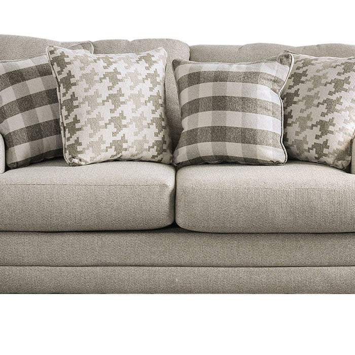 Wooden Loveseat with Fabric Upholstery and S Sloped Armrest, Gray
