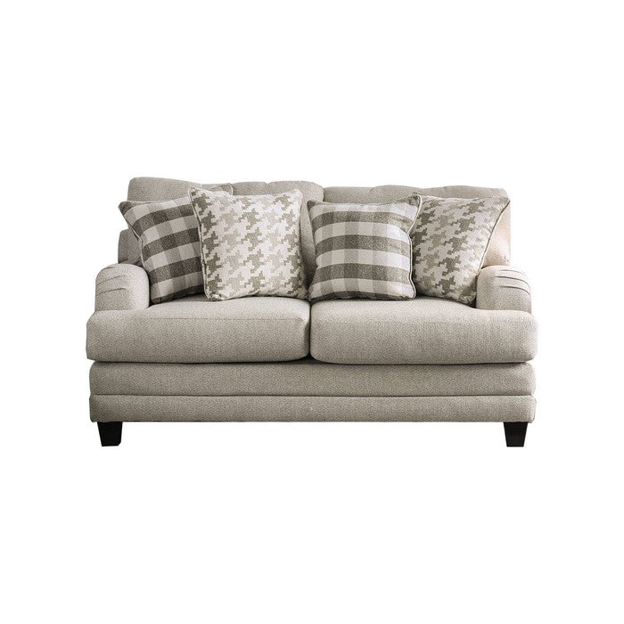 Wooden Loveseat with Fabric Upholstery and S Sloped Armrest, Gray