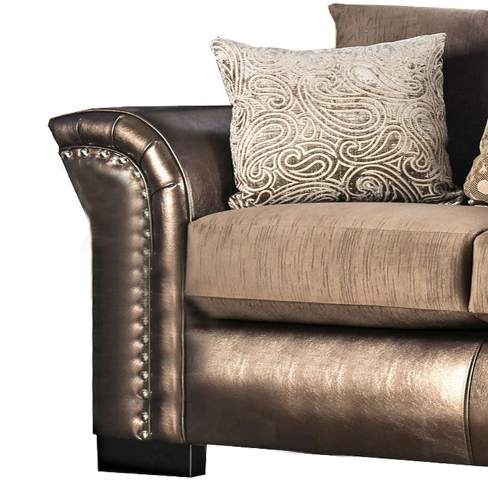 Fabric Upholstered Wooden Loveseat with Nailhead Trims, Bronze