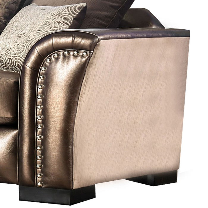 Fabric Upholstered Wooden Loveseat with Nailhead Trims, Bronze