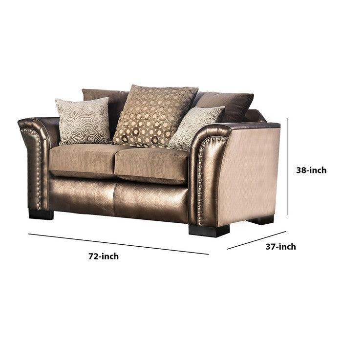 Fabric Upholstered Wooden Loveseat with Nailhead Trims, Bronze