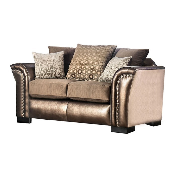 Fabric Upholstered Wooden Loveseat with Nailhead Trims, Bronze