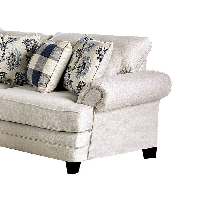 Fabric Upholstered Wooden Loveseat with Rolled Arms, White