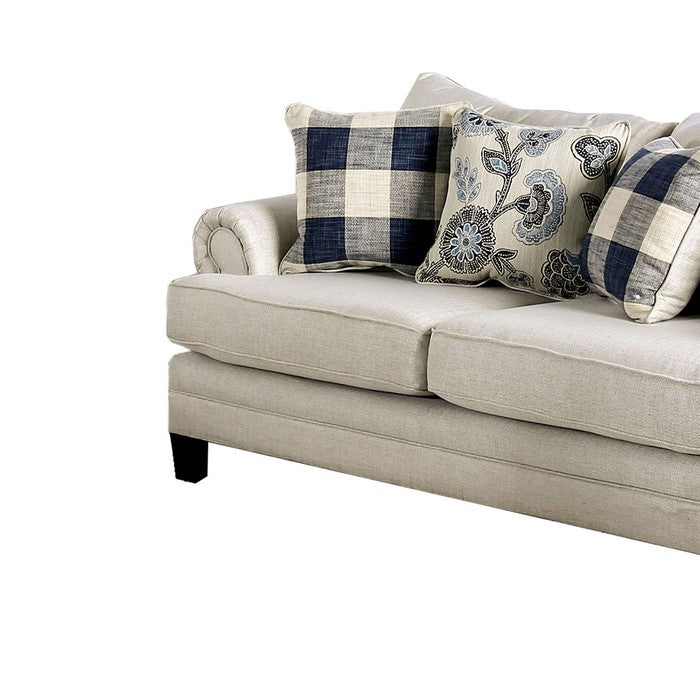 Fabric Upholstered Wooden Loveseat with Rolled Arms, White