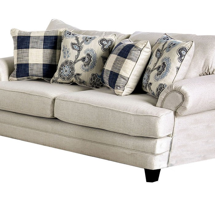 Fabric Upholstered Wooden Loveseat with Rolled Arms, White