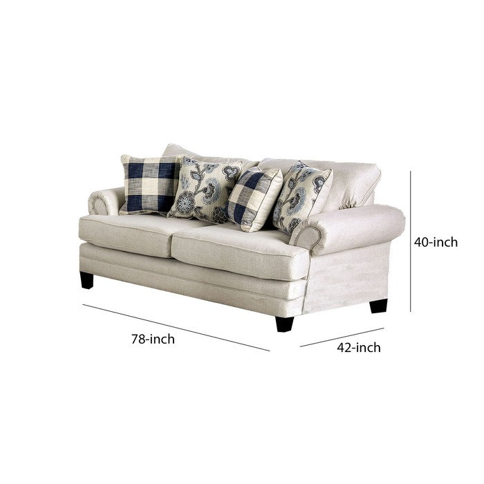 Fabric Upholstered Wooden Loveseat with Rolled Arms, White