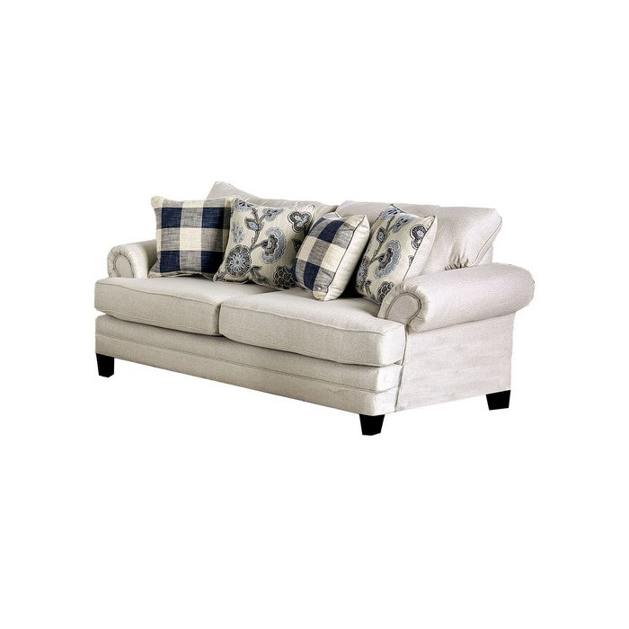 Fabric Upholstered Wooden Loveseat with Rolled Arms, White