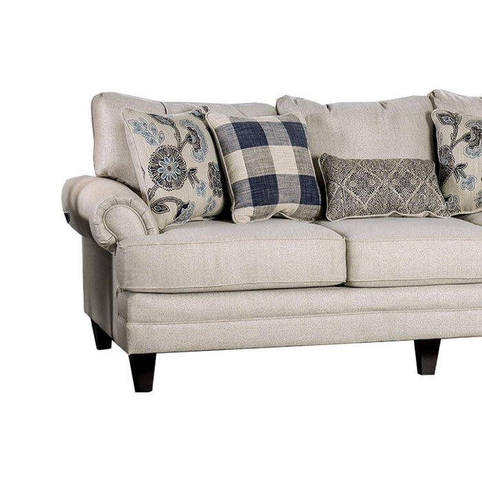 Fabric Upholstered Wooden Sofa with T Cushion Seats, White