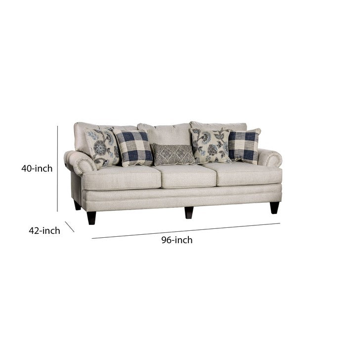 Fabric Upholstered Wooden Sofa with T Cushion Seats, White