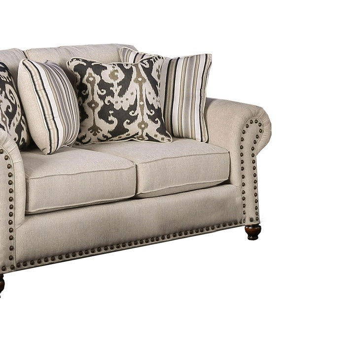 Fabric Upholstered Wooden Loveseat with Nailhead Trim Accents, Beige