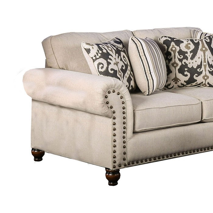 Fabric Upholstered Wooden Loveseat with Nailhead Trim Accents, Beige