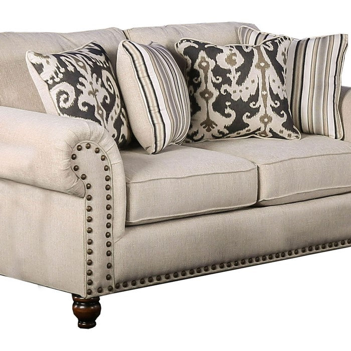 Fabric Upholstered Wooden Loveseat with Nailhead Trim Accents, Beige