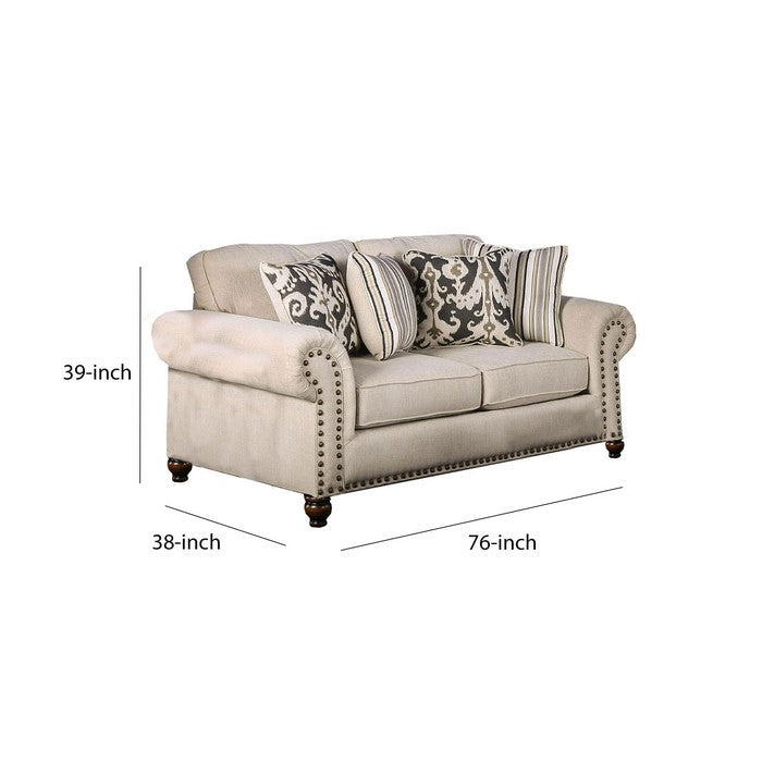 Fabric Upholstered Wooden Loveseat with Nailhead Trim Accents, Beige