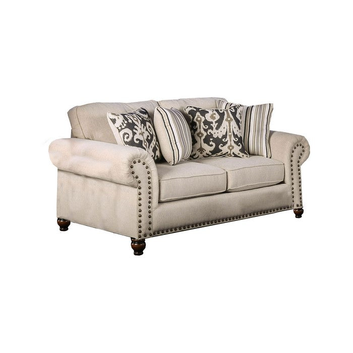 Fabric Upholstered Wooden Loveseat with Nailhead Trim Accents, Beige