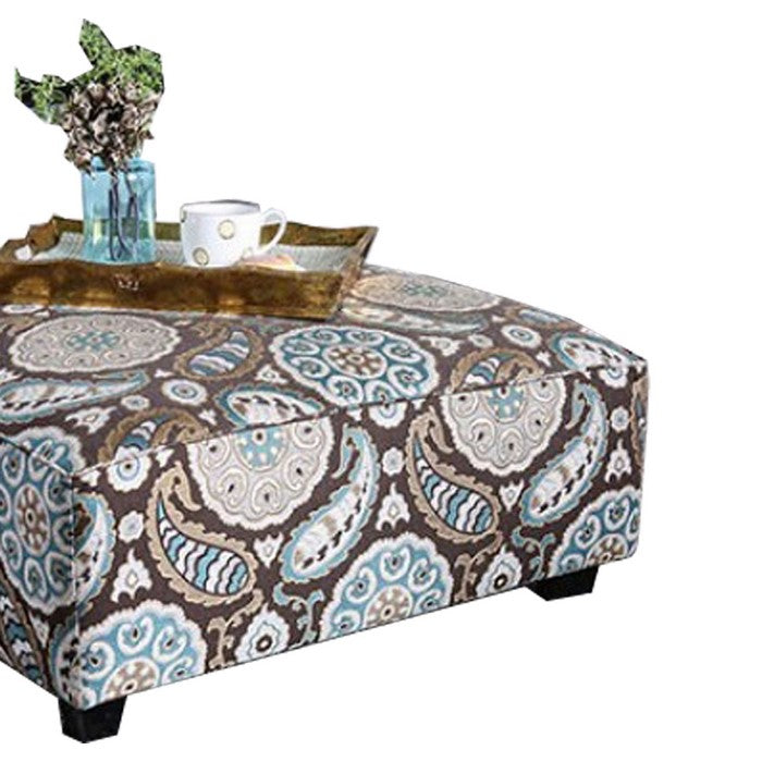 Contemporary Style Wooden Ottoman with Crafted Details, Multicolor