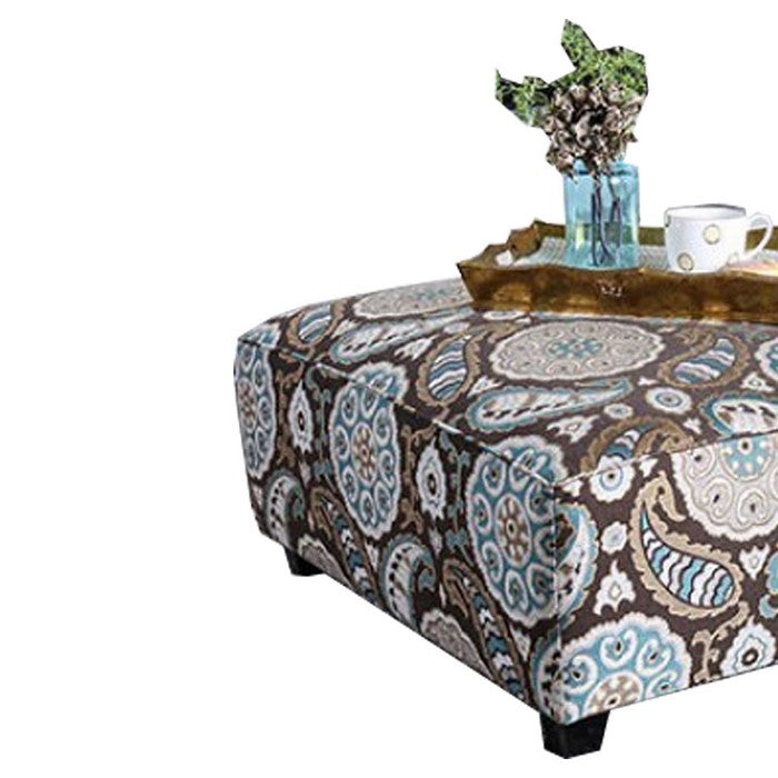 Contemporary Style Wooden Ottoman with Crafted Details, Multicolor