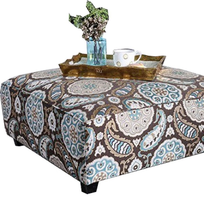 Contemporary Style Wooden Ottoman with Crafted Details, Multicolor
