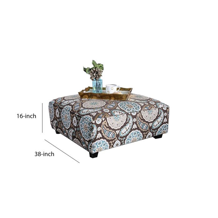 Contemporary Style Wooden Ottoman with Crafted Details, Multicolor
