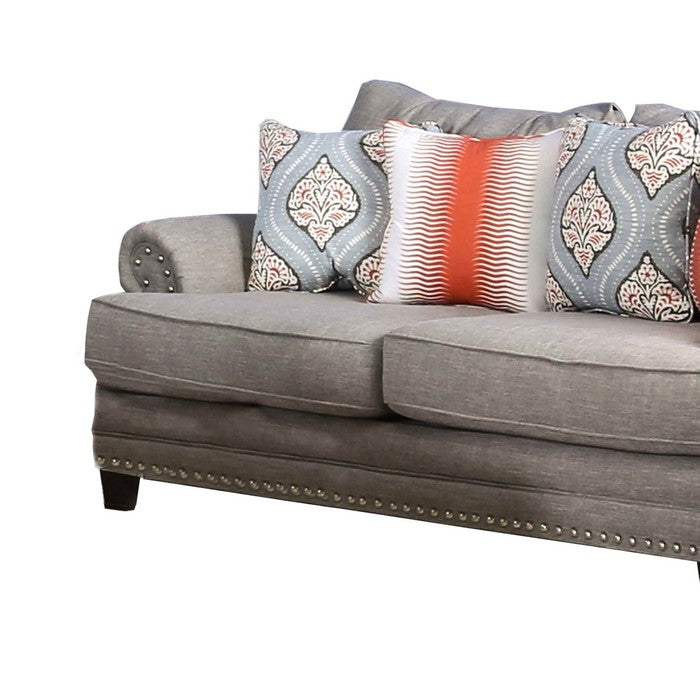 Fabric Upholstered Wooden Loveseat with Rolled Arms, Gray