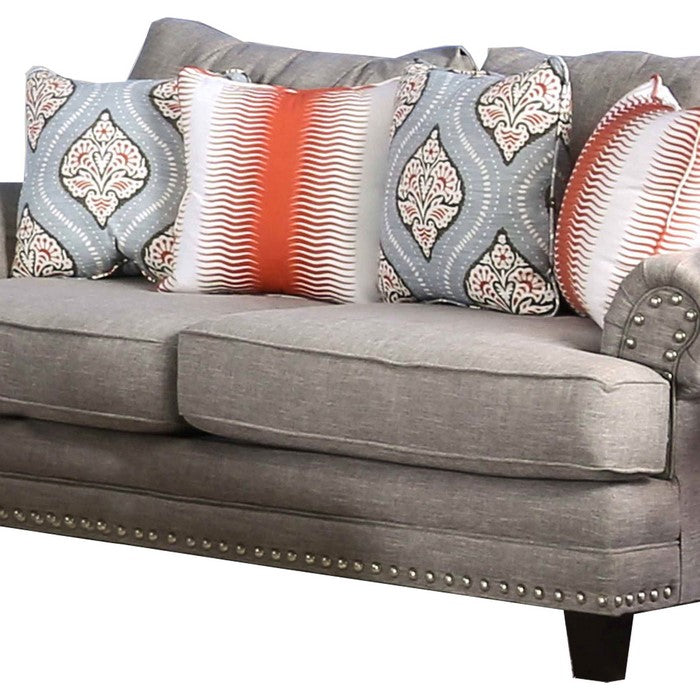 Fabric Upholstered Wooden Loveseat with Rolled Arms, Gray