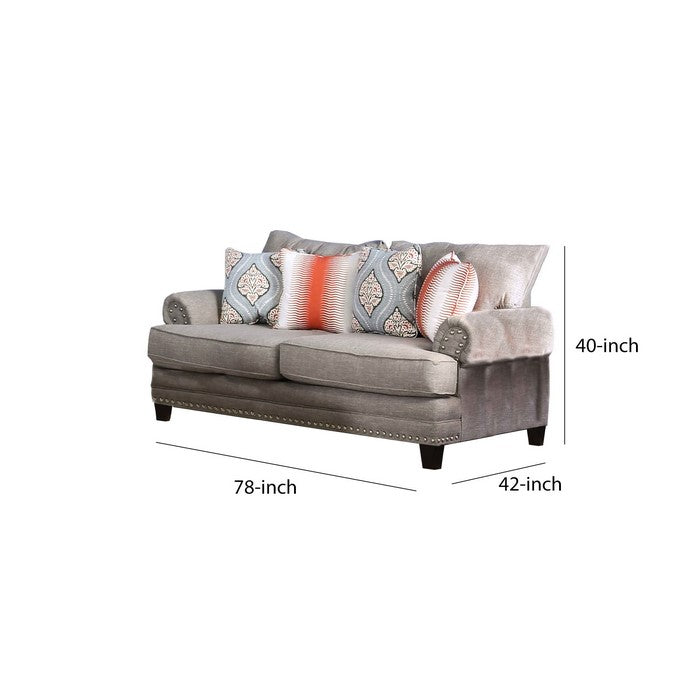 Fabric Upholstered Wooden Loveseat with Rolled Arms, Gray
