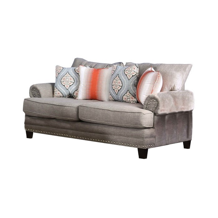 Fabric Upholstered Wooden Loveseat with Rolled Arms, Gray