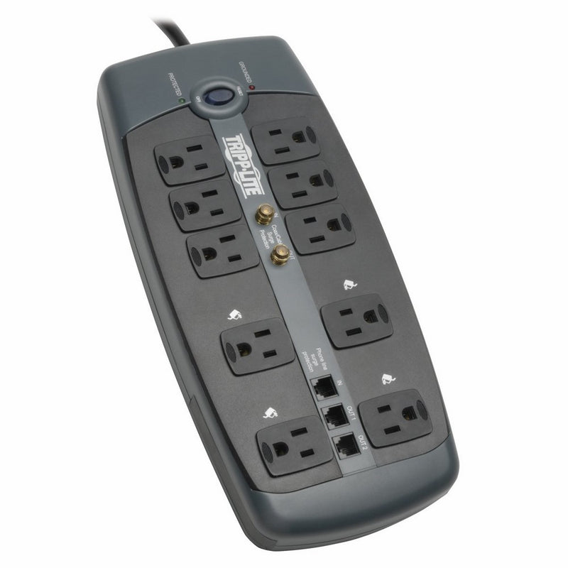 Tripp Lite 10 Outlet Surge Protector Power Strip, 8ft Cord, Right-Angle Plug, Tel/Modem/Coax Protection, RJ11, $150,000 INSURANCE (TLP1008TELTV)