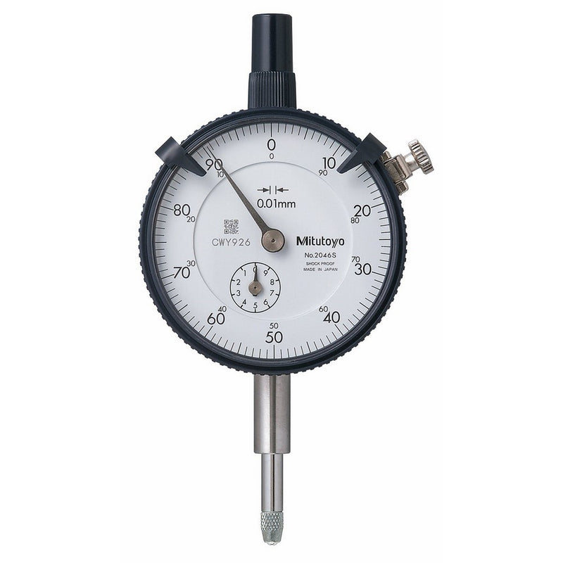 Mitutoyo 2046S-11 Dial Indicator, #4-48 UNF Thread, 9.525mm Stem Dia., Lug Back, Yellow Dial, 0-100 Reading, 57mm Dial Dia., 0-10mm Range, 0.01mm Graduation, /-0.013mm Accuracy