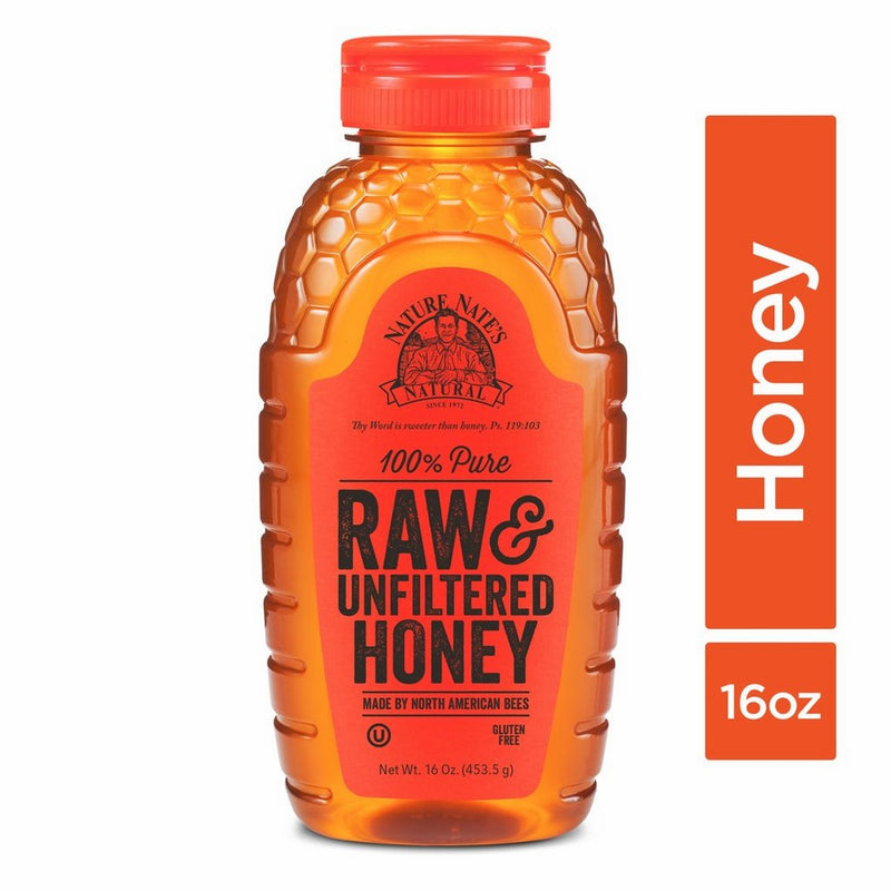 Nature Nate's 100% Pure Raw & Unfiltered Honey; 16-oz. Squeeze Bottle; Certified Gluten Free and OU Kosher Certified; Enjoy Honey's Balanced Flavors, Wholesome Benefits and Sweet Natural Goodness