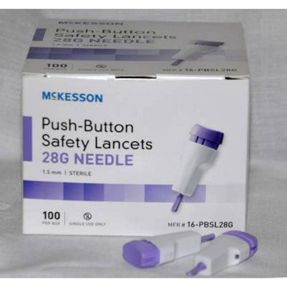 McKesson Lancet, Push-Button Safety, Purple, Depth Settings : 1.5 mm Depth - 100 Per Box