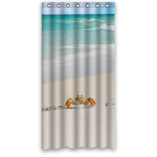 36(W)x72(H) Inches - Cute Crab Walking In Beautiful Beach Shower Curtain / 100% Polyester Waterproof Fabric Curtain / Shower Rings Included