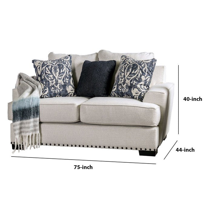 Chenille Fabric Upholstered Wooden Loveseat with Track Arms, White