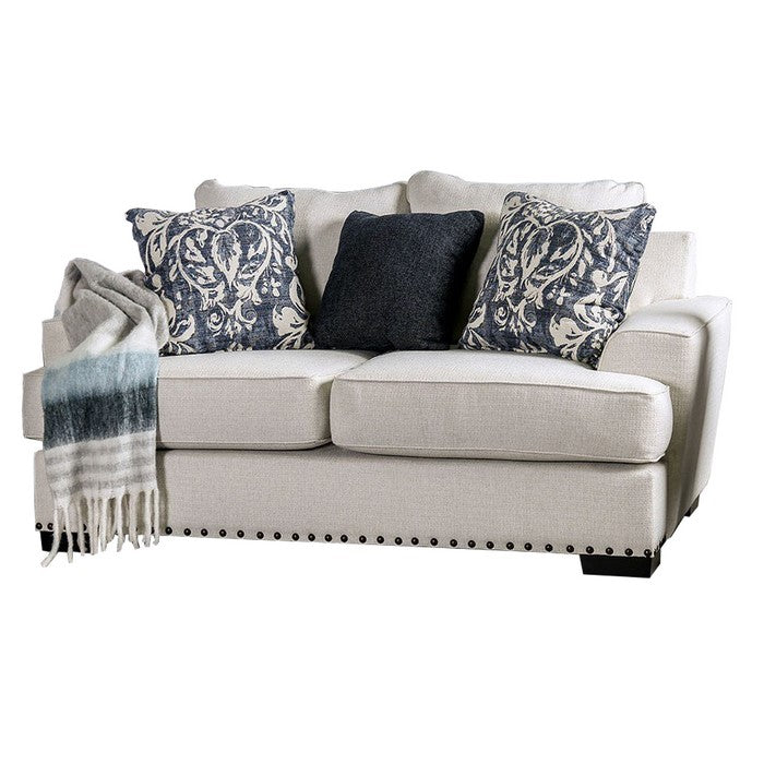 Chenille Fabric Upholstered Wooden Loveseat with Track Arms, White