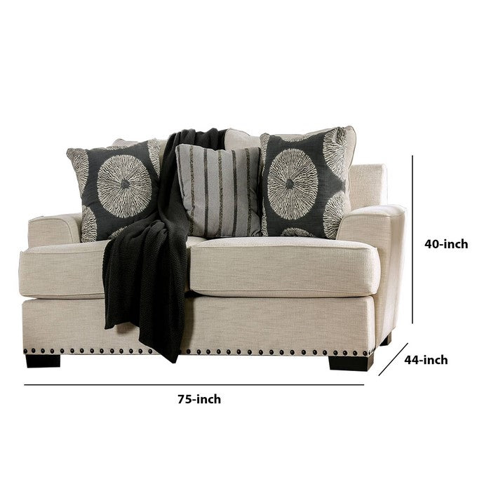 Fabric Upholstered Wooden Loveseat with Nail head Trim, Cream