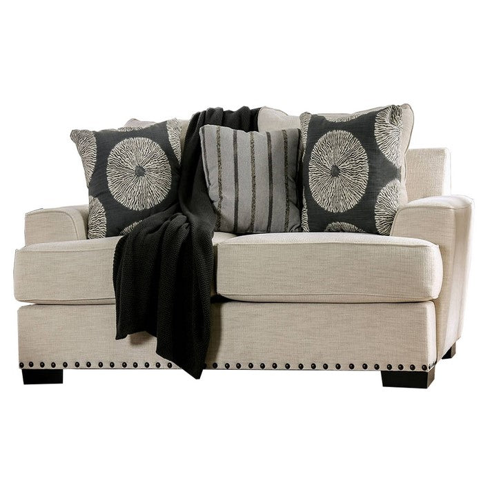 Fabric Upholstered Wooden Loveseat with Nail head Trim, Cream