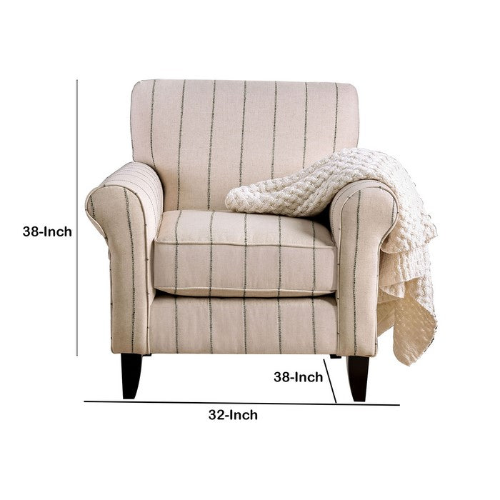 Chenille Fabric Upholstered Wooden Chair with Striped Details, Beige